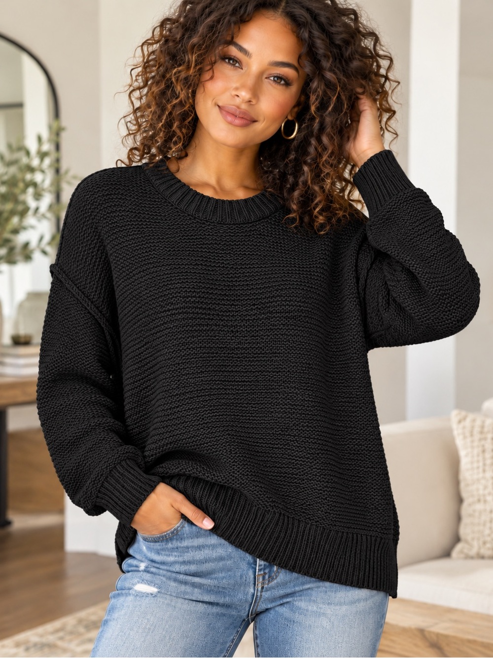 Zenana Textured Knit Relaxed Crewneck Sweater – Black 🖤